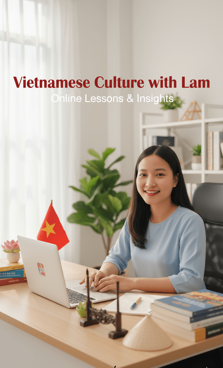 Lam, a certified Vietnamese teacher, presenting online Vietnamese culture lessons โ Learn Vietnamese with Lam